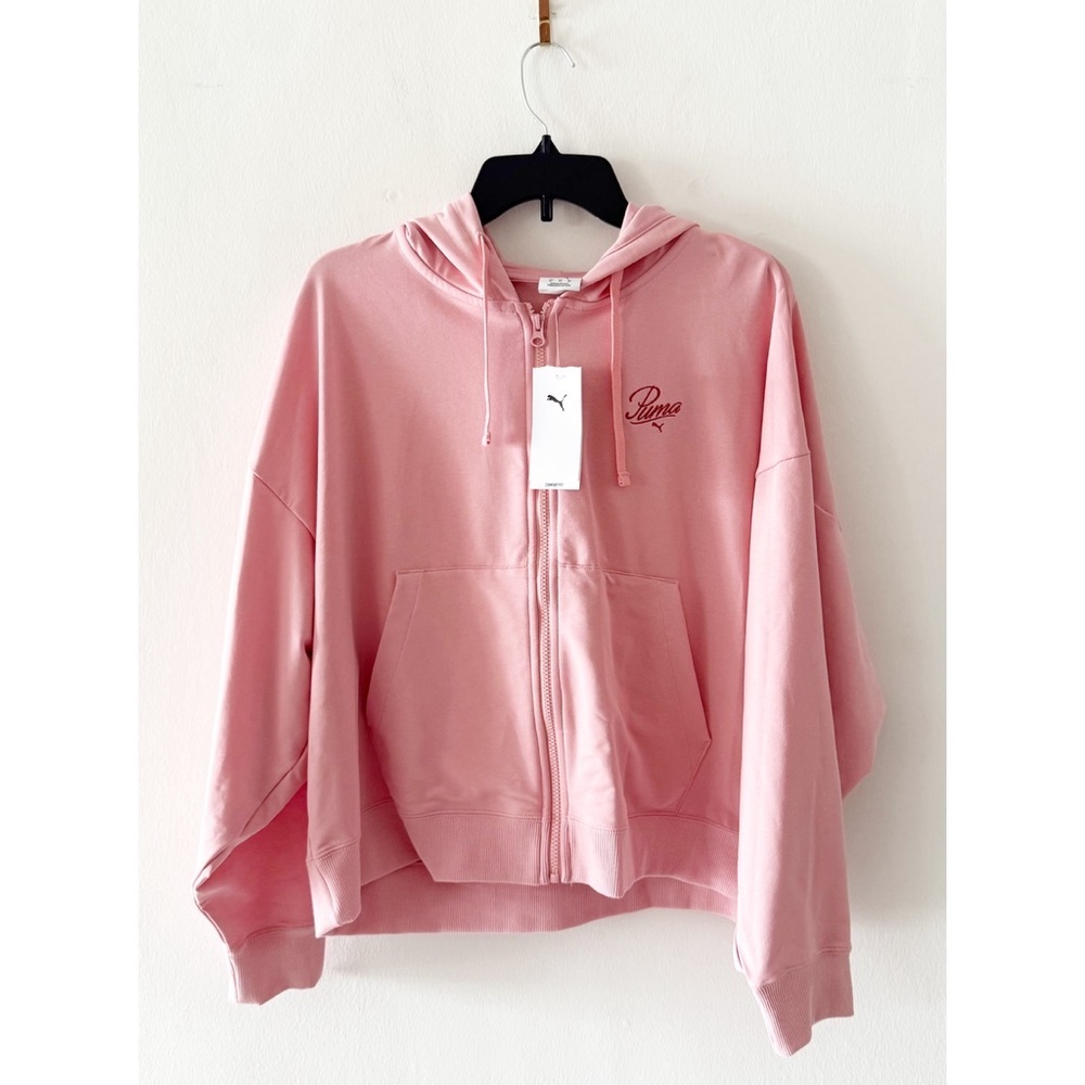 NEW Puma Script Logo Full Zip Hoodie In Rosy Outlook Pink Size XL